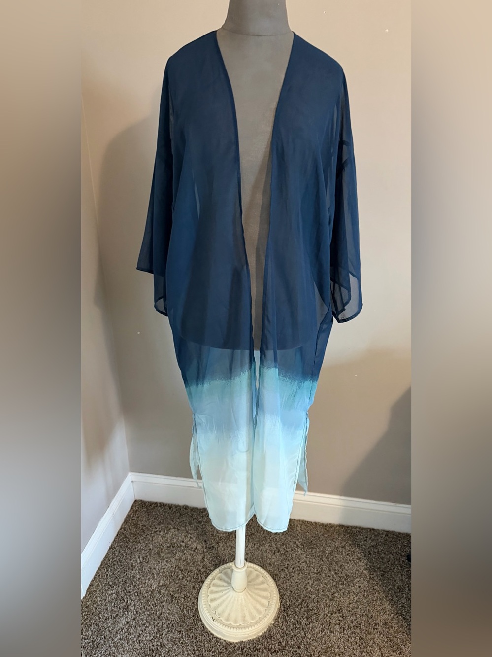 Blue Ombré longline open front beach cover up cardigan one size